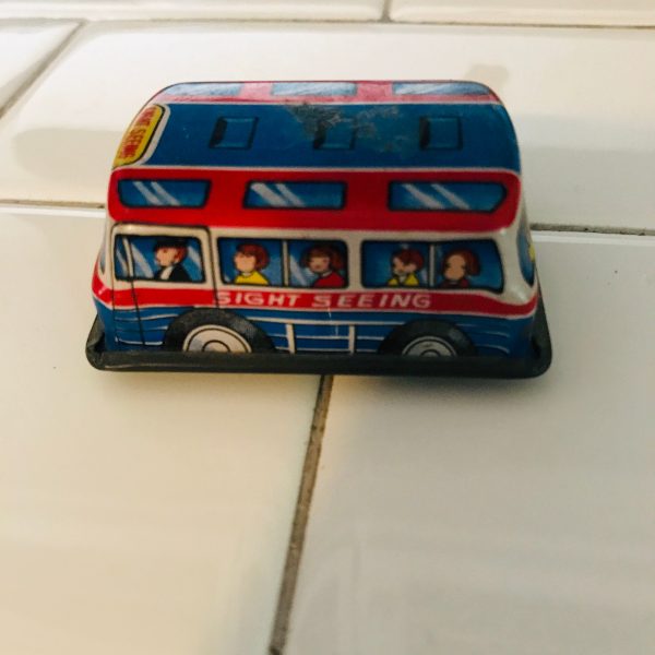 Vintage miniature friction car Japan 1950's Sight Seeing bus tin litho collectible display toy