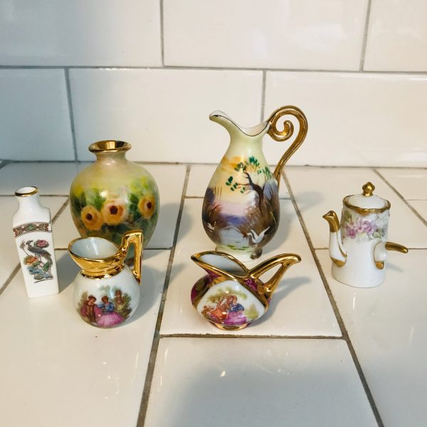 Vintage Miniature vases ewers & chocolate pot fine quality Limoges courting couples wedgwood and more hand painted
