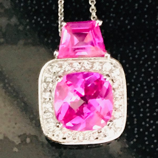 Vintage Necklace Sterling Silver Halo style pink tourmaline with CZ's ornate