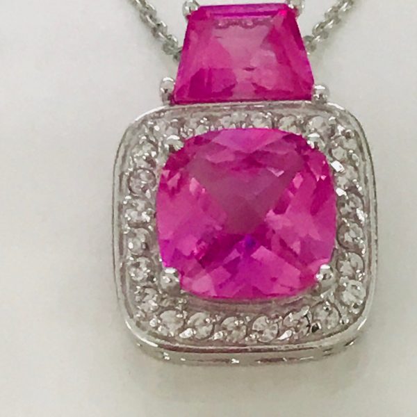 Vintage Necklace Sterling Silver Halo style pink tourmaline with CZ's ornate