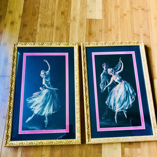 Vintage Pair Ballerina Pictures 1950's Pink Mat gold frame Beautiful detail great design teens room bedroom hallway wall decor Exceptional