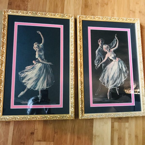 Vintage Pair Ballerina Pictures 1950's Pink Mat gold frame Beautiful detail great design teens room bedroom hallway wall decor Exceptional