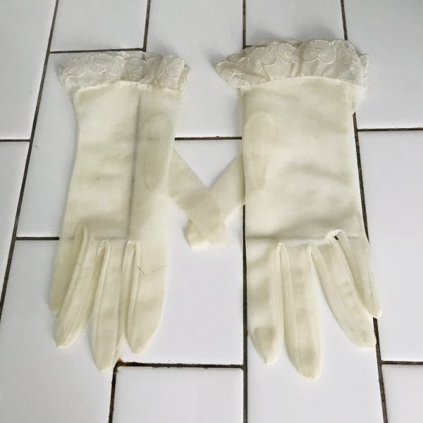 Vintage pair of ivory dress gloves sheer fabric ornate ruffle top collectible display movie tv prop women's size small formal special event