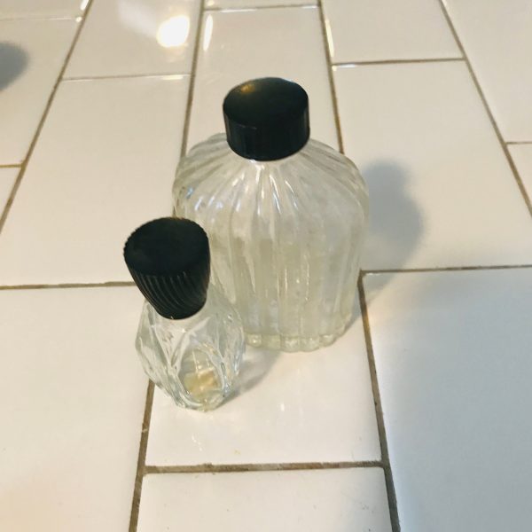 Vintage Pair of perfume bottles with bakelite lid ribbed display vanity collectible farmhouse bathroom glass