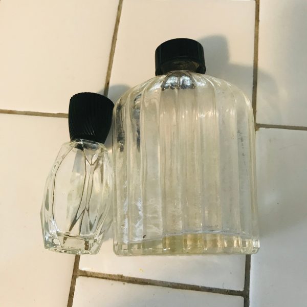 Vintage Pair of perfume bottles with bakelite lid ribbed display vanity collectible farmhouse bathroom glass