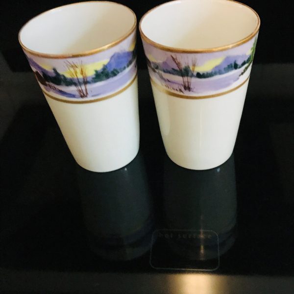 Vintage Pair of Tumblers Fine bone china Silesia Poland signed painted winter scene with houses and lake lavender heavy gold trim
