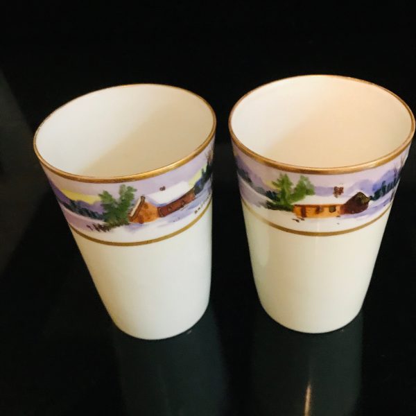 Vintage Pair of Tumblers Fine bone china Silesia Poland signed painted winter scene with houses and lake lavender heavy gold trim