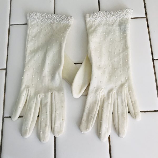 Vintage pair of white/ivory dress gloves heavily beaded ornate collectible display movie tv prop women's size small formal special event