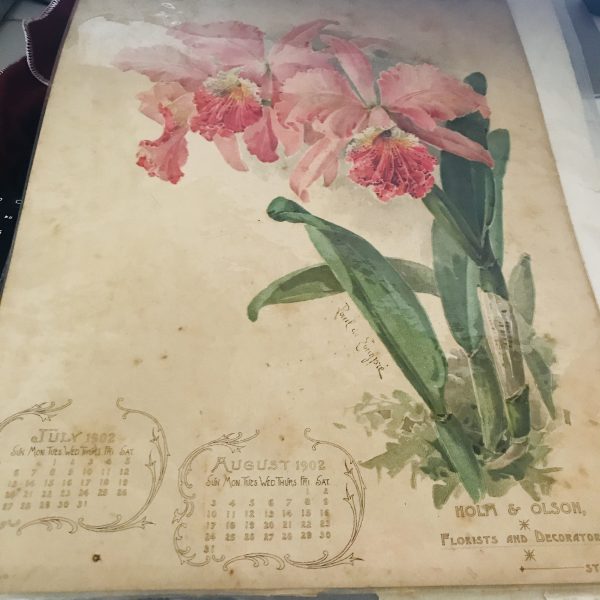Vintage print 1902 Calendar collectible wall decor unframed 10 1/2 x 14 farmhouse display Peach flowers