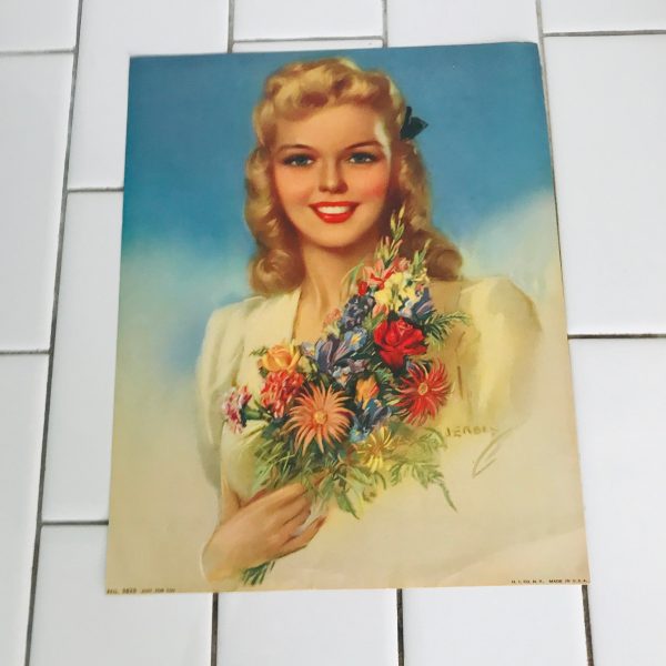 Vintage print "Just for you" collectible wall decor unframed 8x10 Beautiful vintage print farmhouse 1940's Woman with pretty flowers