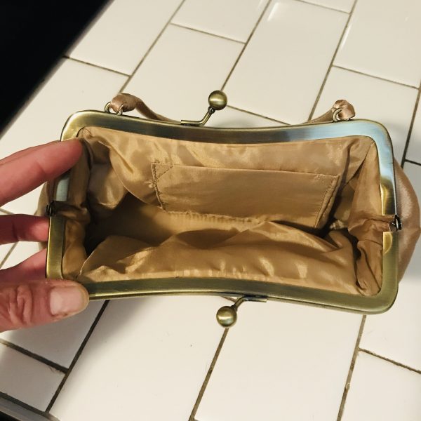 Vintage Purse Champagne Color bronze color closure fabric handle mini purse top handle excellent condition movie prop theater 1950's