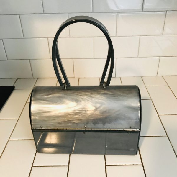 Vintage Purse Gray Silver Pearl Lucite Hard Side top handle bag collectible display movie prop tv theater display Excellent Condition