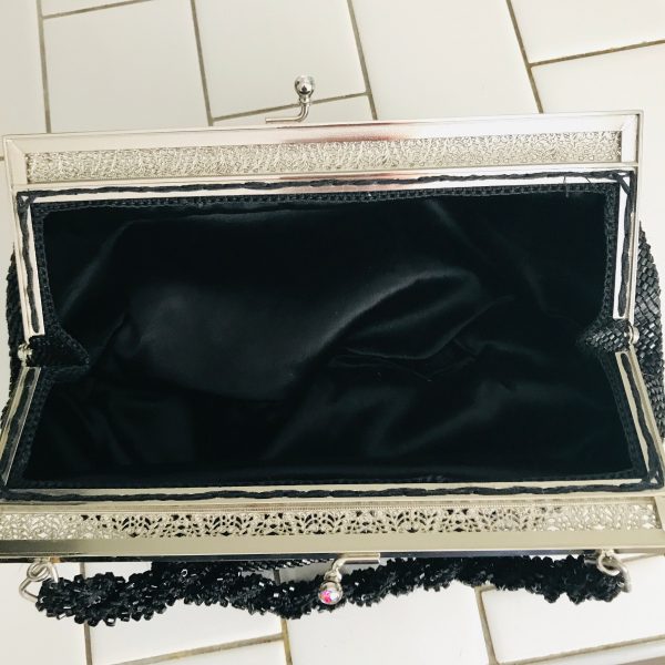 Vintage purse hand beaded aurora borealis kiss lock closure black satin inside top beaded handle bag beautiful black beads ornate purse rim
