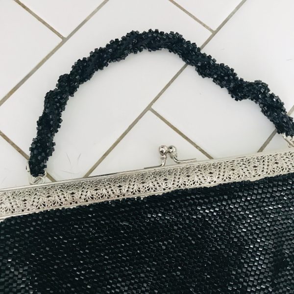 Vintage purse hand beaded aurora borealis kiss lock closure black satin inside top beaded handle bag beautiful black beads ornate purse rim