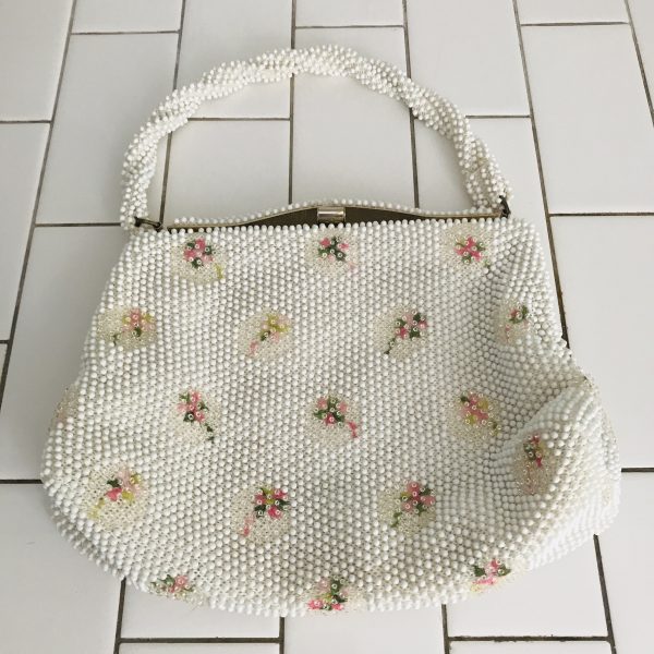 Vintage Purse Lumured Cordé Beaded Floral pattern beads white with beadded twisted top handle excellent condition movie prop theater 1950's