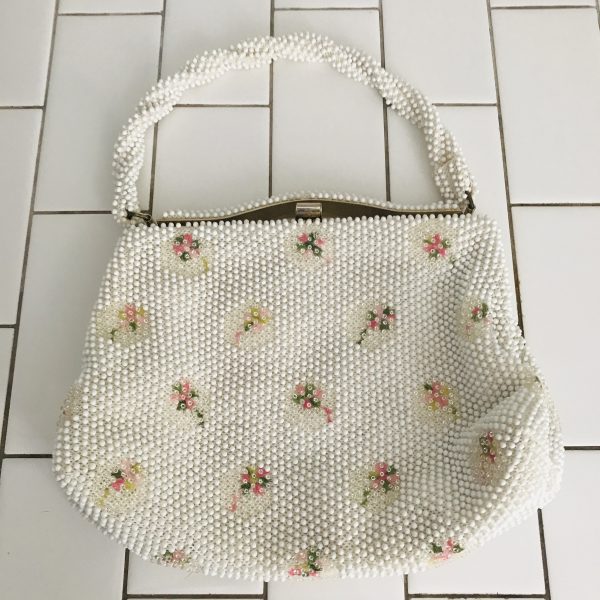 Vintage Purse Lumured Cordé Beaded Floral pattern beads white with beadded twisted top handle excellent condition movie prop theater 1950's
