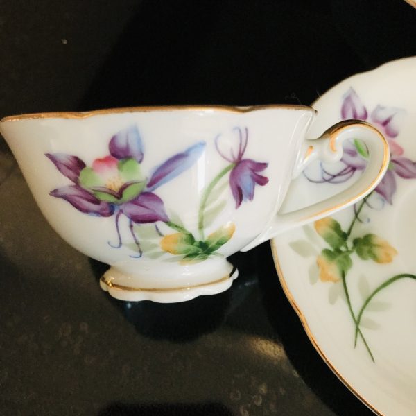 Vintage set of 4 demitasse tea cups and saucers Columbine state flower Purple and yellow Fine bone china Collectible display
