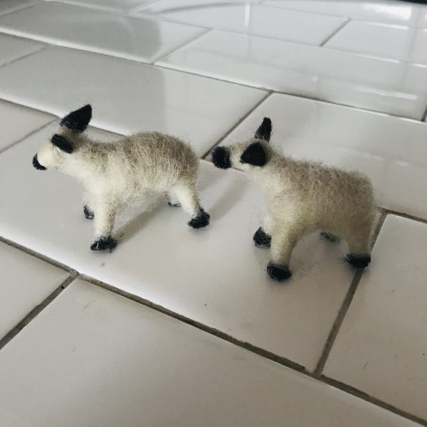 Vintage Sheep lambs Miniature needle felted white with black collectible display farmhouse cottage childs room