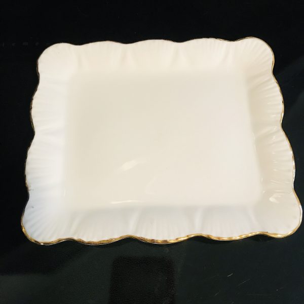 Vintage Shelley white shell pattern square tray dish soap dish sponge gold trim farmhouse cottage collectible display England fine china