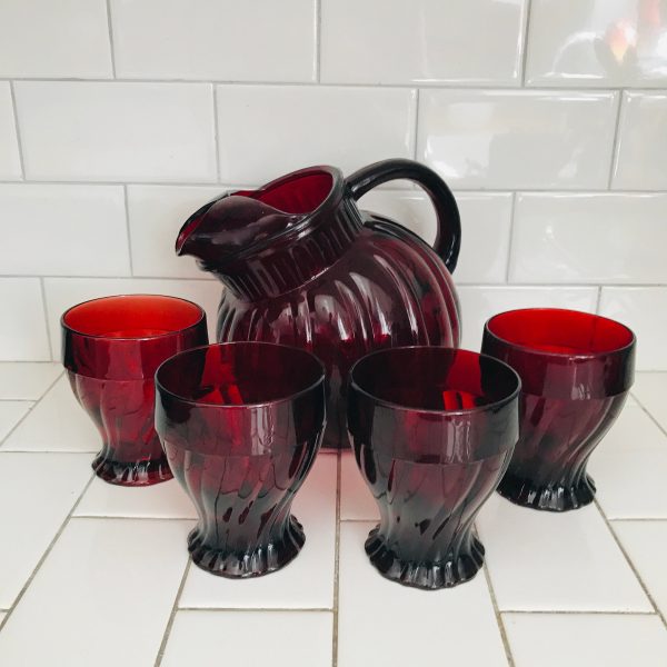 Vintage Tilt Ball Pitcher with 4 water glasses Depression glass swirl red glass ice catcher pitcher farmhouse collectible display