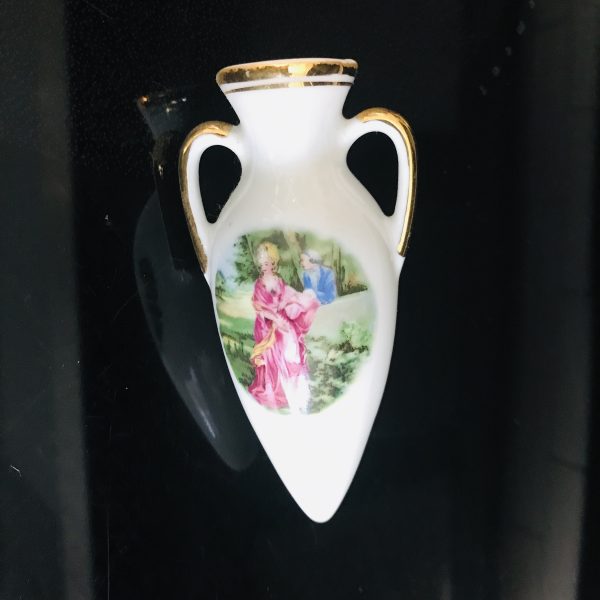 Vintage vase Amphoraea pointed bottom liquid transport double handle courting couple English fine bone china gold trim collectible display
