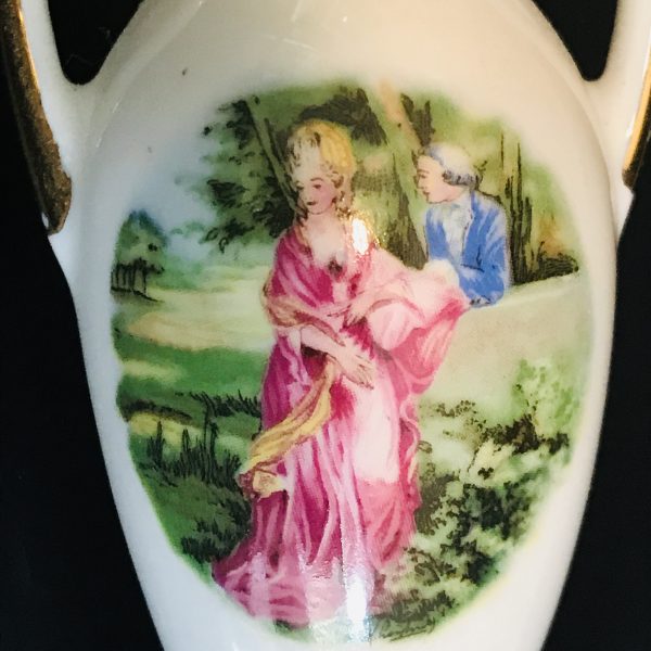Vintage vase Amphoraea pointed bottom liquid transport double handle courting couple English fine bone china gold trim collectible display