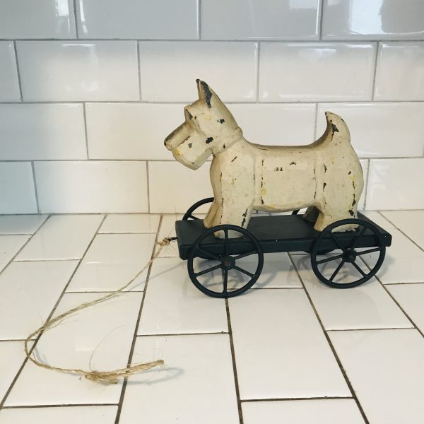 Vintage wooden scottie dog on wheel platform figurine collectible display vintage home decor farmhouse dog