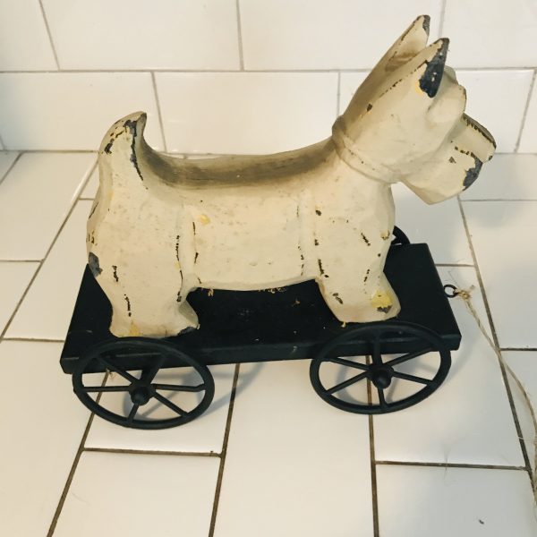 Vintage wooden scottie dog on wheel platform figurine collectible display vintage home decor farmhouse dog
