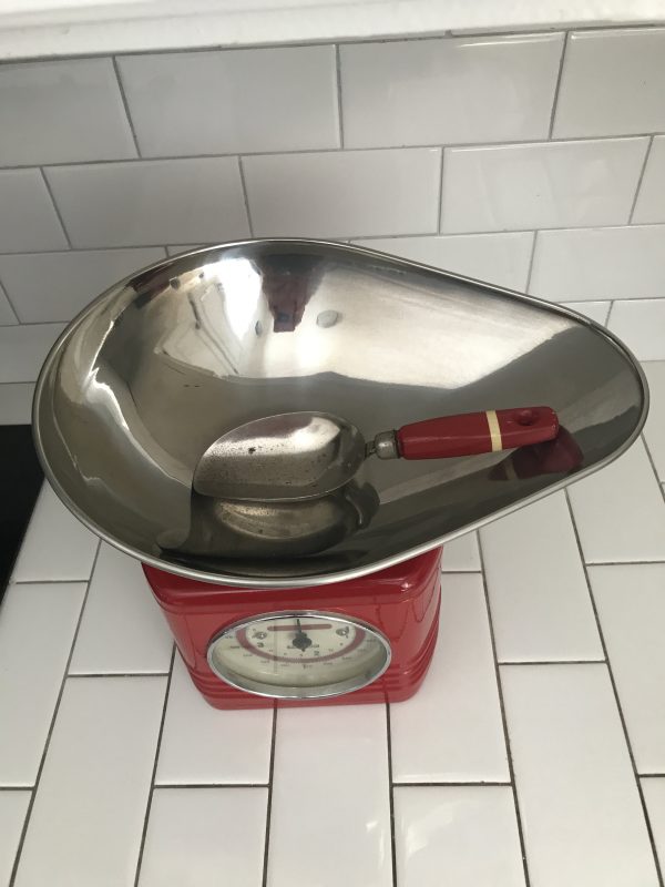 Vintage WOW red candy scale with chrome top and candy scoop Typhoon brand