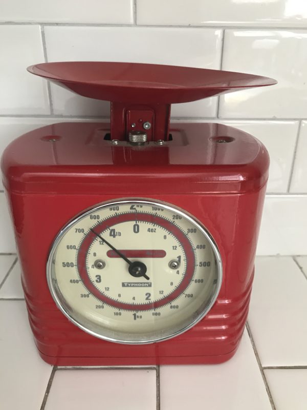 Vintage WOW red candy scale with chrome top and candy scoop Typhoon brand