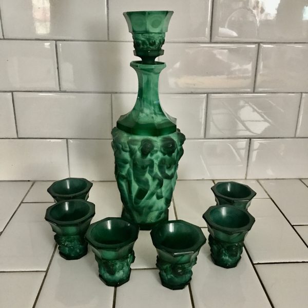 Antique Bohemian Czech Art Nouveau Nude Malachite Jade Glass Liquor Set by Frantisek Pazourek c.1910-1920