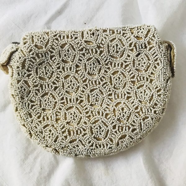 Antique Dance Purse coin purse fully hand beaded white glass beads on ivory zip top Very clean inside made in Belgium Satin inside