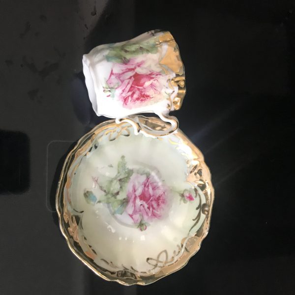 Antique Demitasse tea cup and saucer Antique Hand painted Roses with heavy gold trim Dainty collectible farmhouse bridal wedding