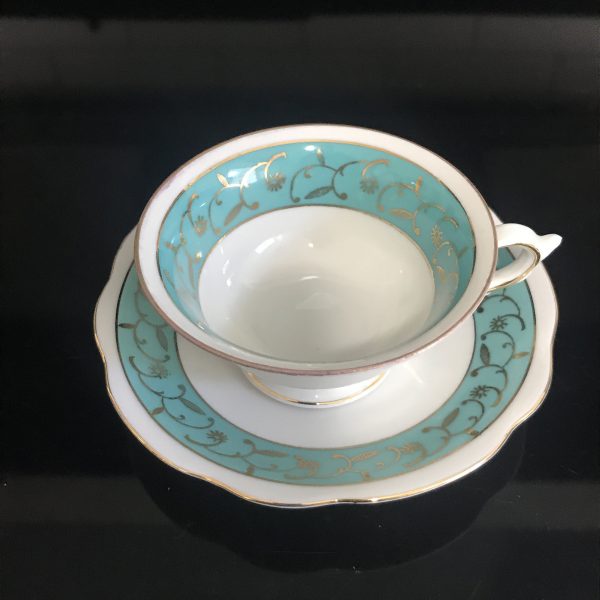 Antique Demitasse tea cup and saucer Imperial Germany aqua rims with heavy gold trim Dainty collectible farmhouse bridal wedding