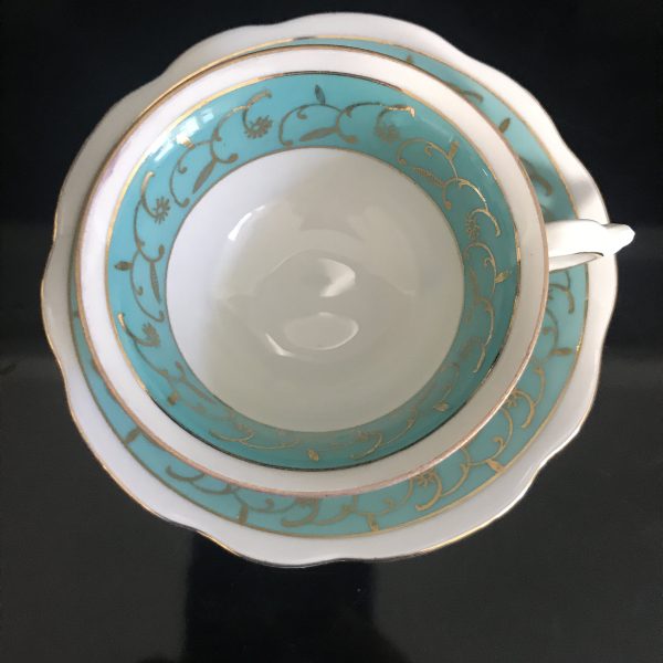 Antique Demitasse tea cup and saucer Imperial Germany aqua rims with heavy gold trim Dainty collectible farmhouse bridal wedding
