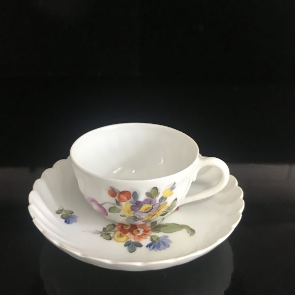 Antique Demitasse tea cup and saucer Nymphenburg Germany dresden flower pattern scalloped fine bone china collectible farmhouse bridal