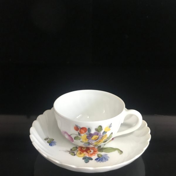 Antique Demitasse tea cup and saucer Nymphenburg Germany dresden flower pattern scalloped fine bone china collectible farmhouse bridal