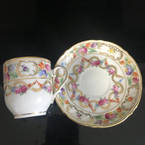 Antique Demitasse tea cup and saucer Schumann Germany small delicate flowers heavy gold trim Dainty collectible farmhouse bridal wedding