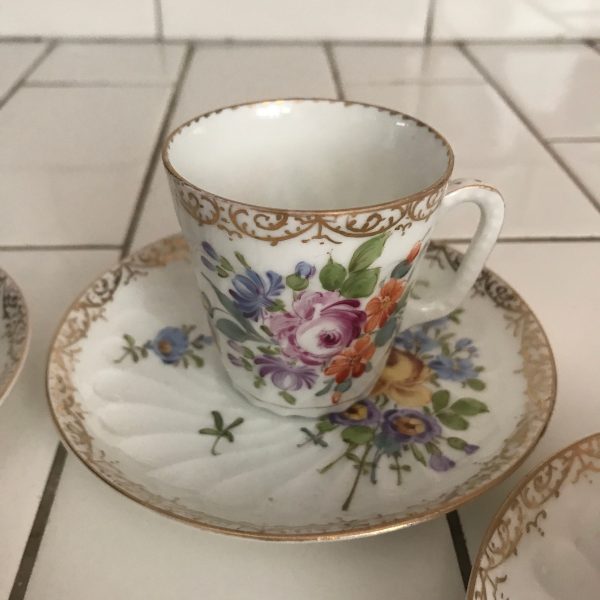 Antique Demitasse tea cup and saucer set of 4 Germany Hirsch Dresden C. 1896 - 1930 Stunning Dresden flower pattern dainty delicate adorable