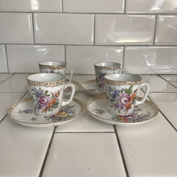 Antique Demitasse tea cup and saucer set of 4 Germany Hirsch Dresden C. 1896 - 1930 Stunning Dresden flower pattern dainty delicate adorable