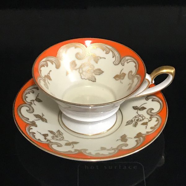 Antique Demitasse tea cup and saucer Tirschenreuth Bavaria Germany Ivory with orange and gold fine bone china collectible farmhouse bridal