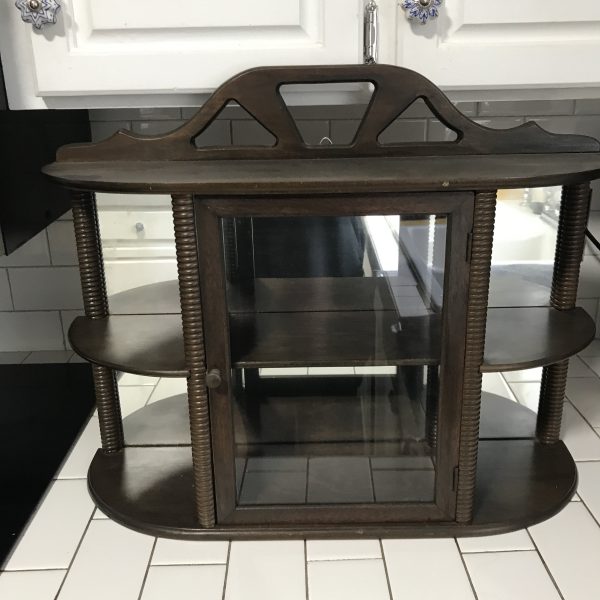 Antique display cabinet wall hanging or counter top glass front door with mirrored back trinkets collectible farmhouse cottage curio cabinet