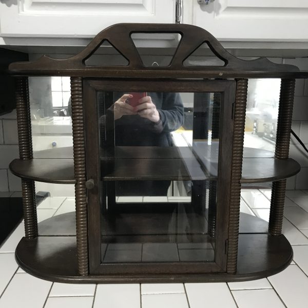 Antique display cabinet wall hanging or counter top glass front door with mirrored back trinkets collectible farmhouse cottage curio cabinet