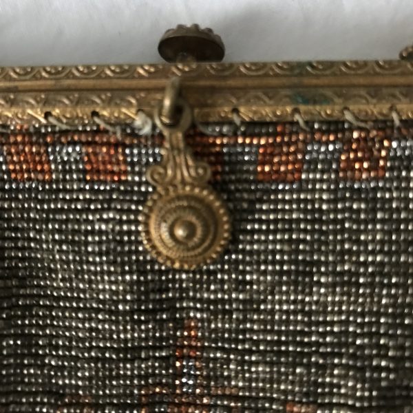 Antique hand beaded flapper purse cross over chain handle push button clasp gold orange silver ornate collectible display roaring twenties