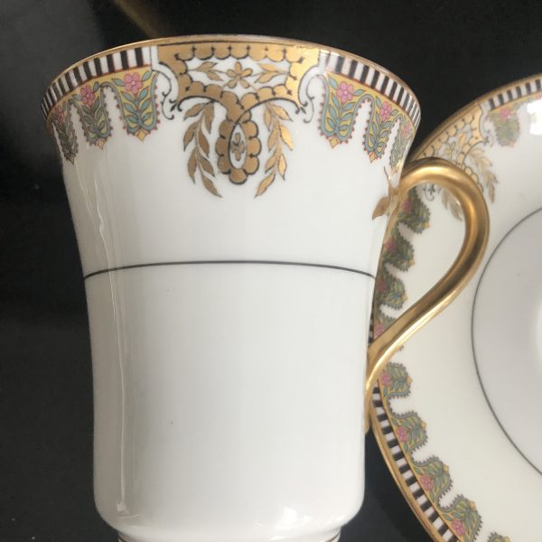Antique Limoges Chocolate Set Stunning Heavy gold with ornate pattern pink green black Gold ribbon handles France Collectible display bridal