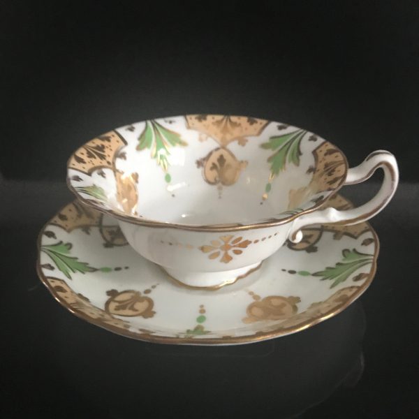Antique Pointons Tea cup and saucer Fine bone china England Green & beige with heavy gold trim farmhouse collectible display wedding