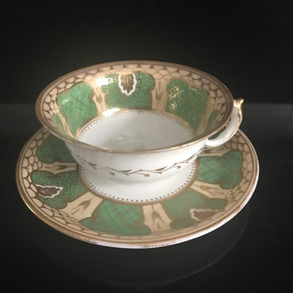 Antique Staffordshire Tea cup and saucer Fine bone china England Green with heavy gold trim farmhouse collectible display wedding
