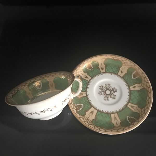 Antique Staffordshire Tea cup and saucer Fine bone china England Green with heavy gold trim farmhouse collectible display wedding