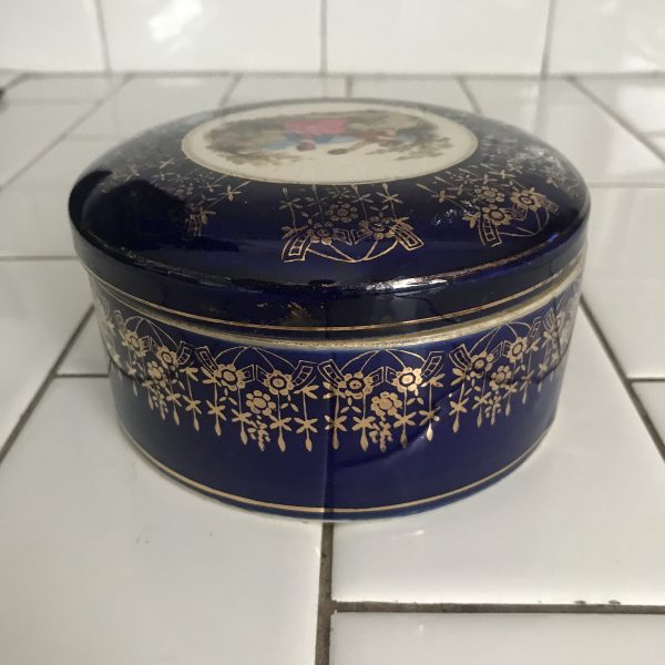 Antique trinket box jewelry box Japan courting couple cobalt blue with heavy gold dresser vanity farmhouse collectible display