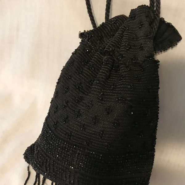 Antique Victorian Black cloth Beaded Bag purse handbag fringe beads collectible display flapper Pouch style coin purse drawstring top
